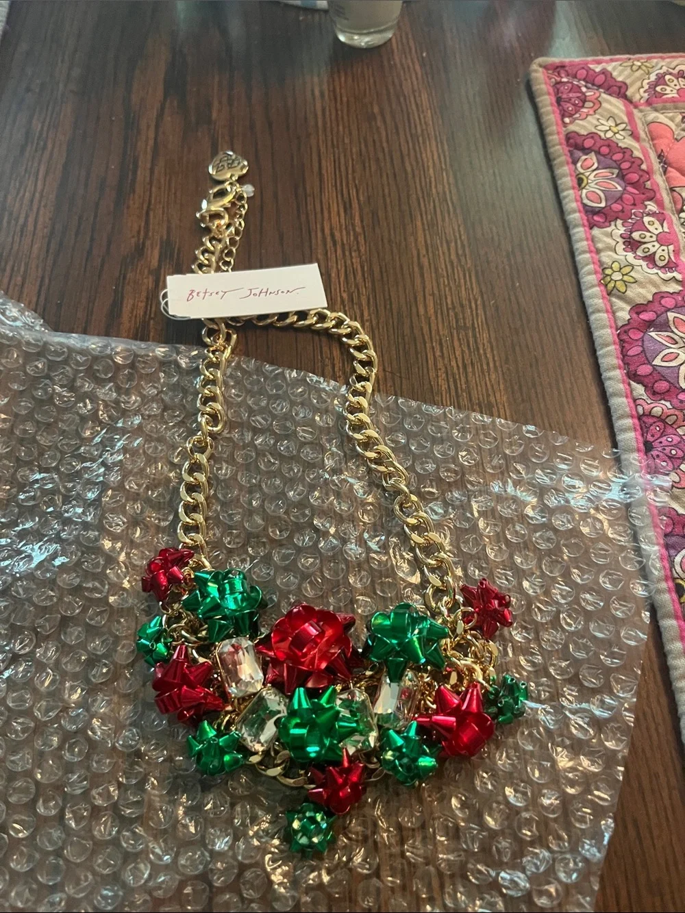 Betsey Johnson Gold-tone Necklace with Red & Green Bow Embellishments